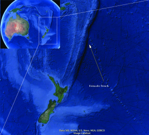 Kart over havet nord for New Zealand, med Kermadec Trench. Originalkart fra Google maps.
