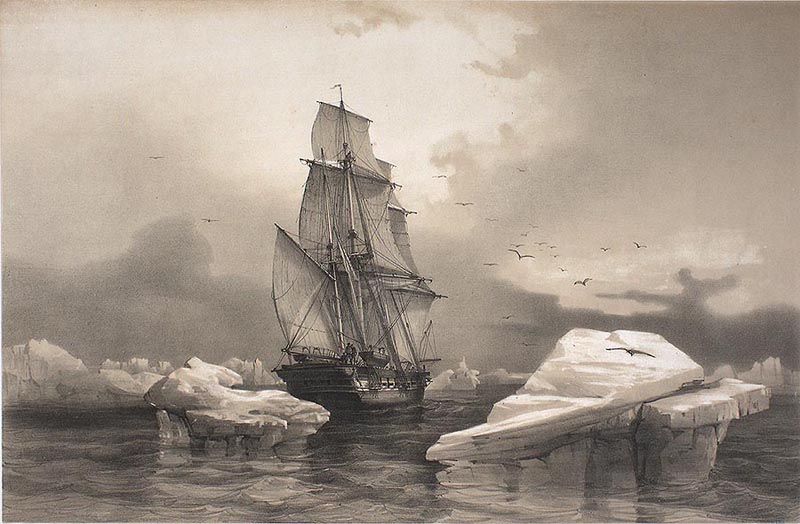 Korvetten La Recherche i isen ved Bjørnøya. Tegning av ekspedisjonens kunstner: August Mayer.