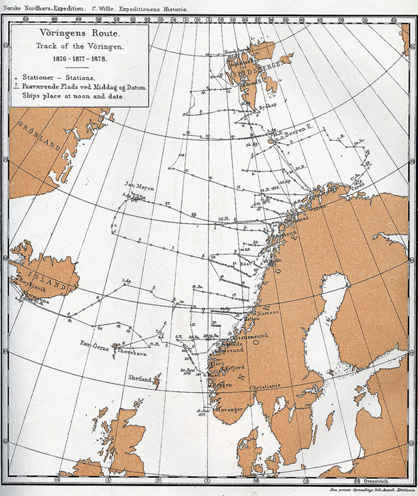 Oversikt over stasjonene i Den Norske Nordhavsekspedisjonen.
