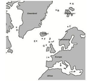Originalfull (typelokaliteter) for forskjellige Lepechinella i det nordlige Atlanterhav. Figur 1 i Johansen & Vader, 2015.
