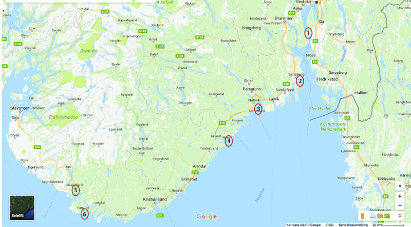 Kart over sørNorge, med G.O. Sars sin sommertur i 1865 inntegnet. 1: Drøbak 2: Vallø 3: Langesund 4: Risør 5: Flekkefjord 6: Farsund. (kart fra Google maps, inntegninger AH Tandberg)