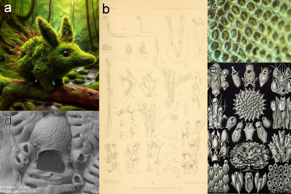en kollasj med seks bilde, et er en fantasifull AI-tegning av det dyr av mose, de andre er former for mer vitenskapelig illustrasjon av mosdyr
