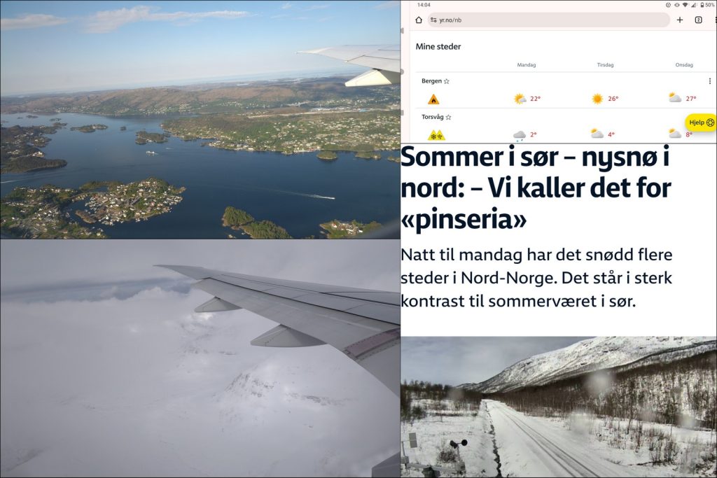 Bilder av sommer i bergen og snø i nord, og et skjermbilde i fra nrk.no om "pinseria"