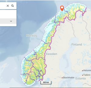 Kart over Norge med markør på Torsvåg, litt nord for Tromsø