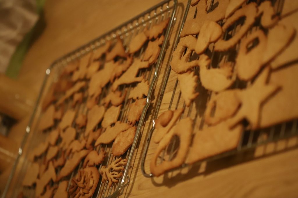 Brett på brett med nystekte pepperkaker - i litt uvanlige former! De er formet som ulike marine dyr.