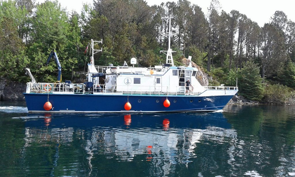 Forskningsfartøyet R/V Hans Brattstrøm har blått skrog og hvitt styrhus. Hun er 24,3m